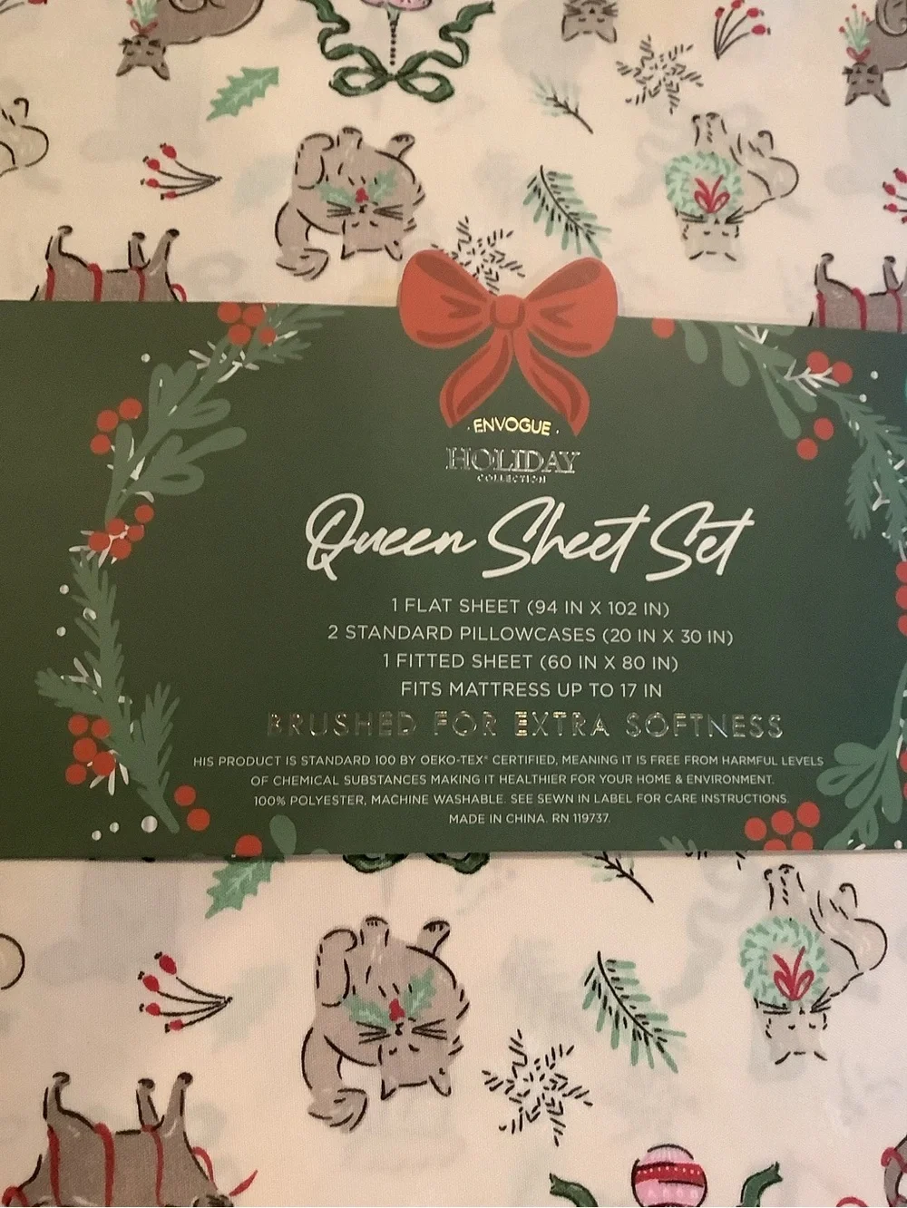 Envogue Christmas Cats & Vintage Bows 4 Pc. Queen Sheet Set New
